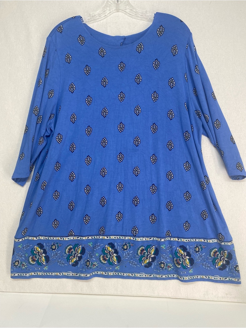 J. Jill Wearever Collection XL Blue Printed Tunic Top Floral Border 3/4 Sleeve